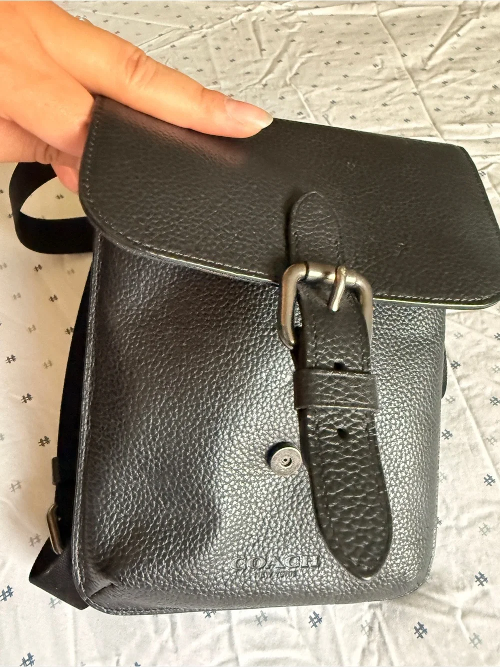 Coach Men's Black Pebbled Leather Messenger Bag with Buckle
